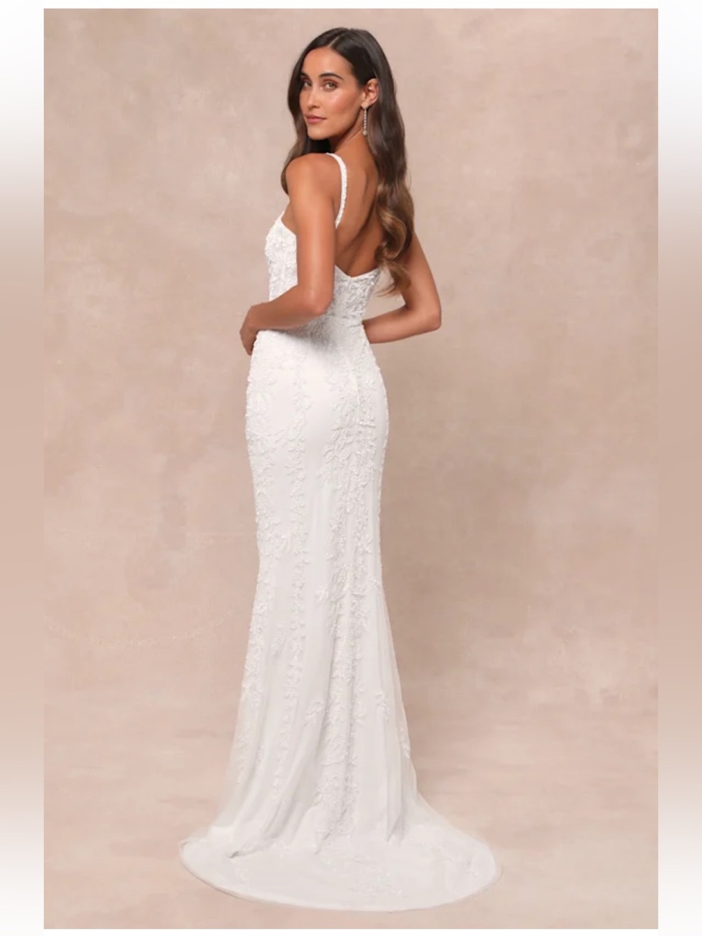 Lulus Momentous Love White Beaded Bustier Mesh Spaghetti-Strap Wedding Gown